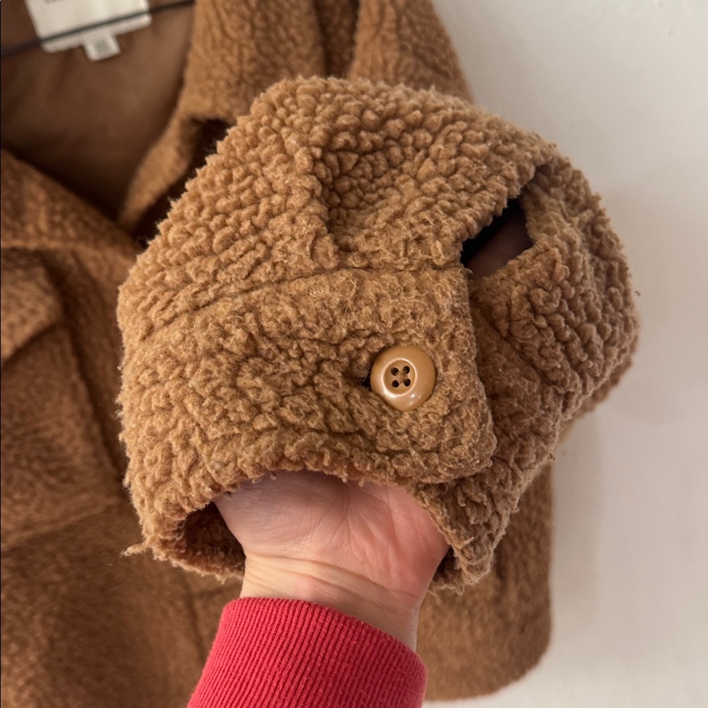 AE Sherpa Jacket Small American Eagle Brown Teddy Shacket S Tan Pocket Coat - Picture 3 of 7